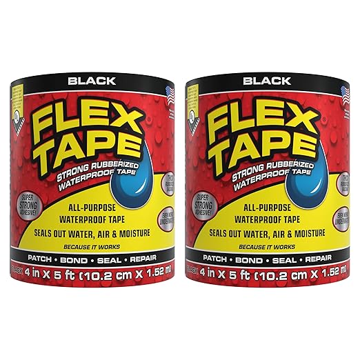 Flex Tape, Original Thick Flexible Rubberized Waterproof Tape - Seal and Patch Leaks, Works Underwater, Indoor Outdoor - Home RV Roof Plumbing and Pool Repairs, Black, 4 in x 5 ft, Pack of 2