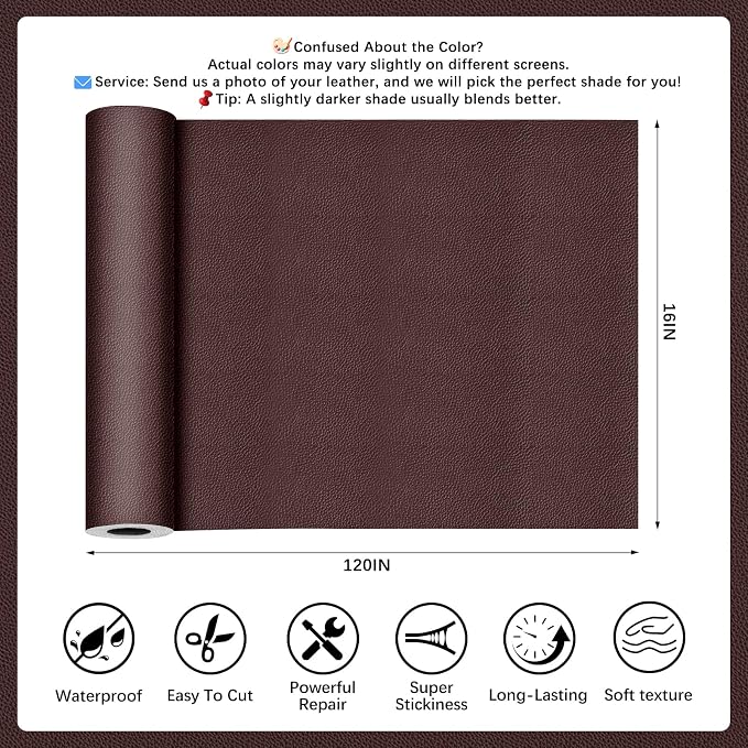 Coffee Leather Repair Tape, 16x120 Inch Leather Repair Patch Self-Adhesive, Waterproof Faux Leather Patch, Vinyl Repair Tape for Couch, Sofas, Furniture, Office Chair, Car Seats