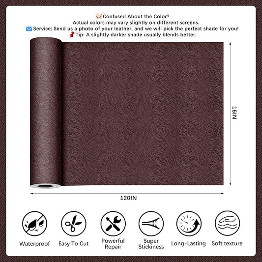 Coffee Leather Repair Tape, 16x120 Inch Leather Repair Patch Self-Adhesive, Waterproof Faux Leather Patch, Vinyl Repair Tape for Couch, Sofas, Furniture, Office Chair, Car Seats