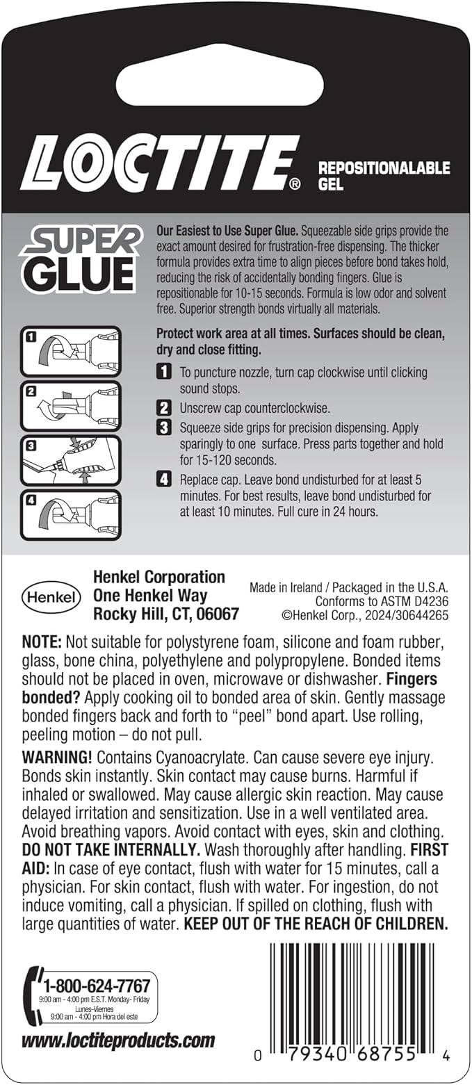 Loctite Super Glue Repositionable Gel, Clear, 0.14 fl oz Bottle, 6 Pack - Superglue for Plastic, Wood, Metal, Crafts & Repair, Cyanoacrylate Adhesive Instant Glue