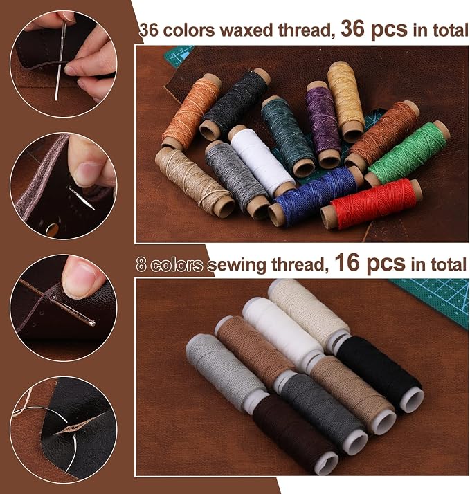 628Pcs Leather Working Tooling Set for Beginners, Starter Working and Tool Supplies with Leather Pony, Tooling Box, Stamping Punching Tools, Sewing Thread, Rivets Kit for DIY Crafts