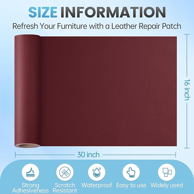 Leather Repair Patch Tape Kit, 16" x 30" Self Adhesive Leather Repair Patch for Furniture, Vinyl Leather Repair Kit for Car Seat, Chairs, Couch, Sofa, Boat Maroon