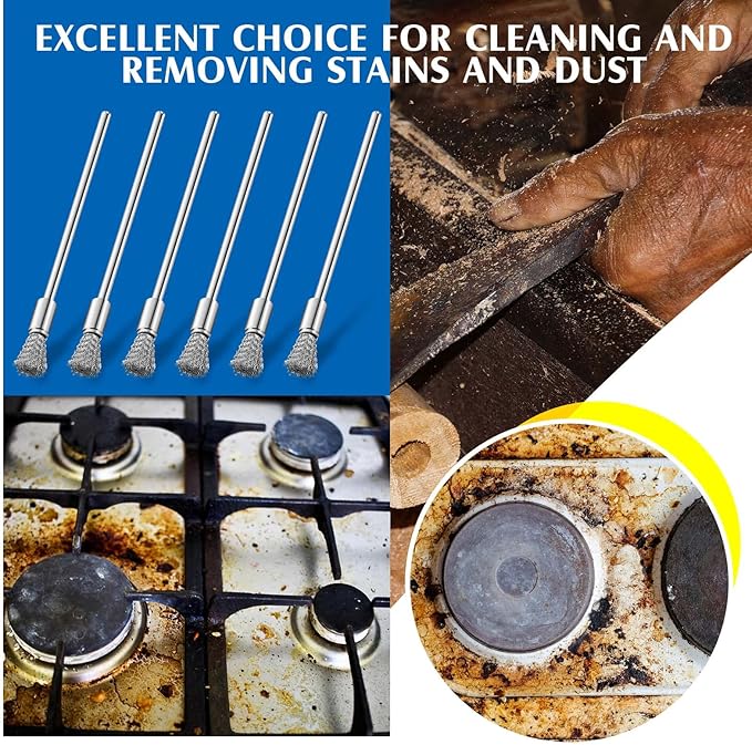Lounsweer 10 Pcs Wire Brush Extended Cleaning End Brushes Pen Wire Scrub 3 mm Mandrel Rust Paint Removal Bits Polishing Rotary Tool Accessories, 6 mm End Scrub(Stainless Steel)