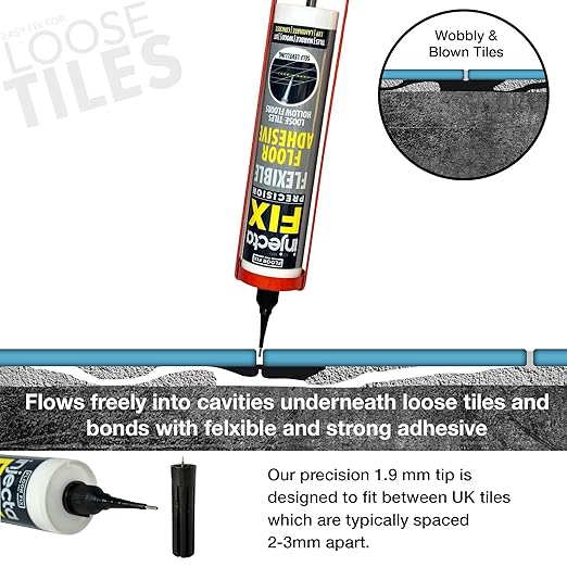 Floor-Fix Pro Injectafix Tile Repair Kit – Extra Strength Tile Adhesive for Loose & Hollow Floor Tiles, Wood, Laminate & LVT – Injection Repair Glue with Stainless Steel Precision Tip 10.1 fl oz