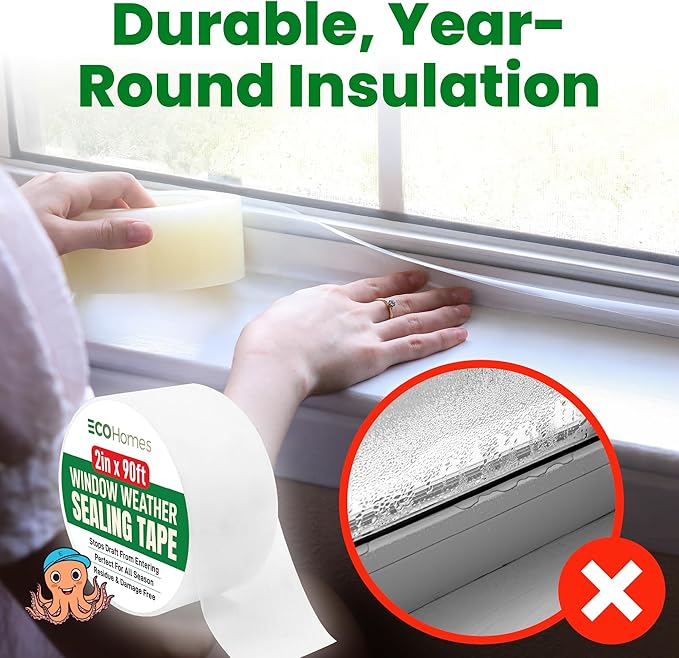 ECOHomes Window Weather Sealing Tape | Winter Weather Stripping Tape to Block Cold Drafts Through Window Gaps and AC Units, Insulation Seal and Draft Blocker for Home (2 Inch by 90 FT, Clear)
