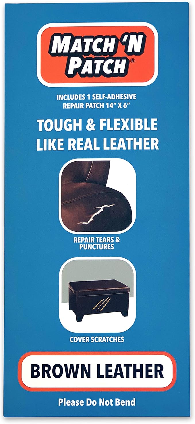 MATCH 'N PATCH Brown Leather Repair Tape, 6" x 14" for Furniture | Realistic Faux Leather Patches for Couch, Sofa, Upholstery, Car Seat & Other Furniture, Vinyl Repair Kit, Self Adhesive Patch