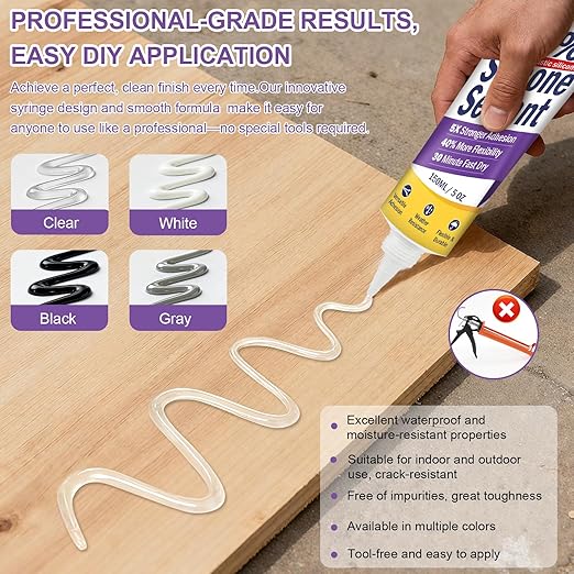 No Caulking Gun Needed – 5oz Silicone Sealant, 100% Waterproof & Flexible Adhesive Caulk, UV Weather Resistant for Kitchen Bathroom Shower Window Auto, Crack Proof Sealant Tube (Black)