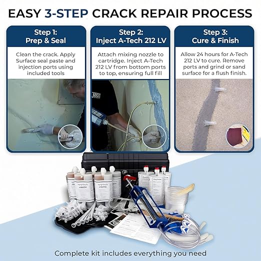 30ft Epoxy Foundation Wall Crack Repair Kit, A-Tech 212 LV Injection System, ASTM C-881 Structural Concrete Crack Repair, Basement Wall Leak Sealant & Foundation Concrete Filler, Tough Waterproof Seal