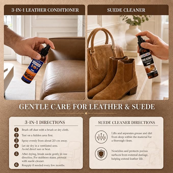 Leather Cleaner and Conditioner Kit - and More for Car Interiors, Apparel, Furniture, Boots & Accessories - with Microfiber Brush & Microfiber Cloth 2 Bottles (4 oz Each)