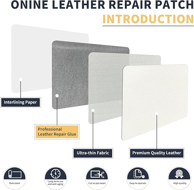 ONine Leather Repair Patch，Leather Repair Tape, 8 x 48 inches Leather Repair Patch for Furniture,Vinyl Repair kit，Leather Couch Patch，for Sofas, Furniture, car Seats(White-Litchi Grain)