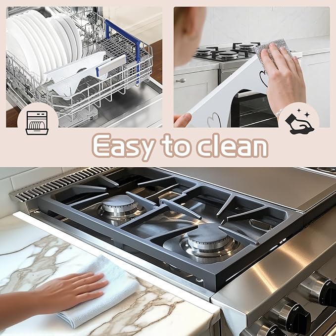 Stainless Steel Stove Gap Covers, 2 Pack Extendable Stove Gap Filler 13.8"-27.5", 0.79" Wide, Deep-Lock Heart Clips, Heat Resistant Range Trim Kit for Kitchen Counter Gaps, White