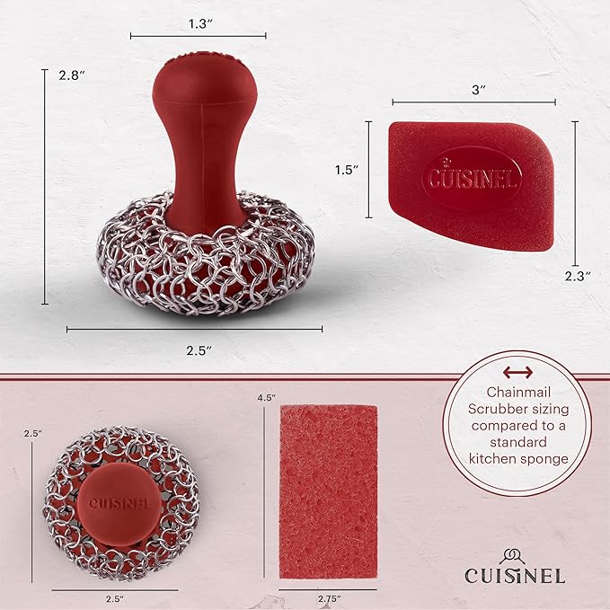Cuisinel Cast Iron Chainmail Scrubber + Pan Scraper - The Patented Original Ergonomic Stainless & Silicone Pot & Skillet Cleaner - Premium Food-Safe Design - Easy Clean Dishwasher Safe Cookware Sponge