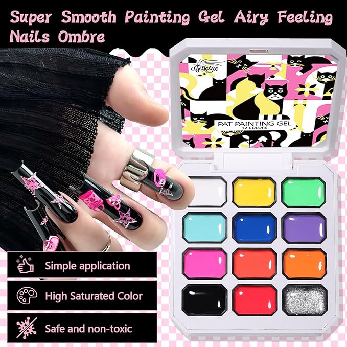 12 Color Patting Nail Gel Polish Kit, Ombre Painting Gel Palette with Brush & Silicone Patting Pen & Nail Art Stickers - UV/LED Curing for Gradient Nails, Beginner Friendly DIY Manicure Set