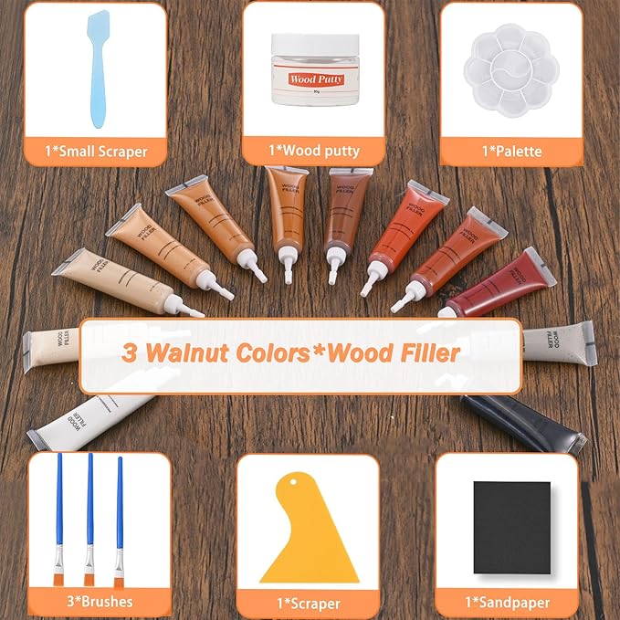 Walnut Wood Filler Kit,Wood Putty with 3 Color Laminate Floor Repair Kit for Scratch Cover & Restore Laminate Scratch, Cracks, Hole, Restofinisher Wooden Door, Furniture, Table, Cabinet