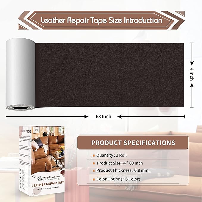 KING MOUNTAIN Leather Repair Patch,4 x 63 Inches self Adhesive Leather Repair Tape for Damaged Leather Furniture, Sofa Seating,Car Seats, Leather Goods(Dark Brown)