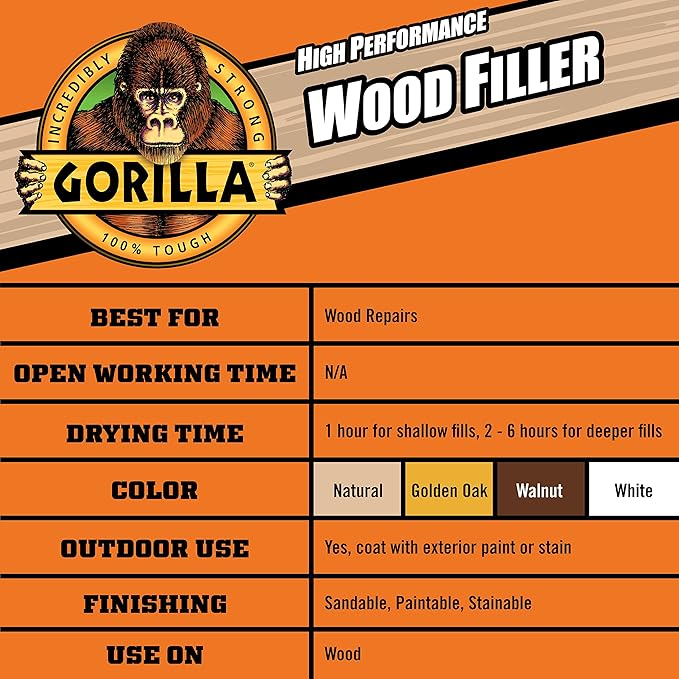 Gorilla All Purpose Wood Filler, White Wood Filler, 6 Ounce Tube (Pack of 2) - Water Resistant for Indoor or Outdoor Projects and Repairs
