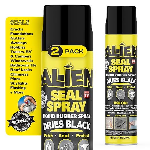 Alien Tape Liquid Sealant Spray 2 Pack, Waterproof Liquid Rubber Spray Prevents Patches and Seals Leaks, Protects Surfaces, Works on Most Materials, Long Lasting, Dries Black