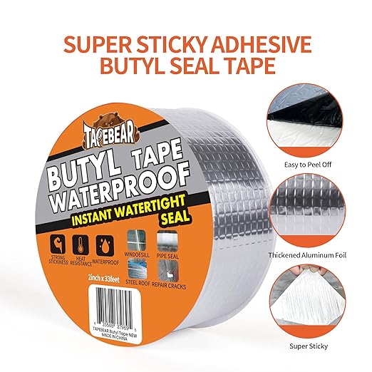 TAPEBEAR Butyl Tape Waterproof Sealant Tape 6inch x33feet, Aluminum Foil Duct Sealing Tape for RV Roof Repair, Boat and Pipe Sealing, Silicone, Glass & EDPM Roof Leak Patching, Silver, 6Rolls