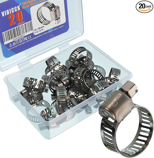 20PCS Hose Clamp Set 1/2-3/4'' 304 Stainless Steel Worm Gear Hose Clamps for Pipe, Intercooler, Plumbing, Tube and Fuel Line (1/2-3/4/13-19mm)