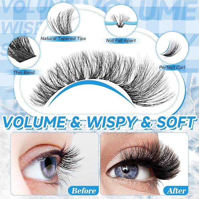 Lash Clusters 3D Volume Eyelash Clusters 10-18mm Thick Individual Lashes 280pcs D Curly Cluster Eyelash Extensions Soft DIY Lash Extension At Home(0.05D,80D)