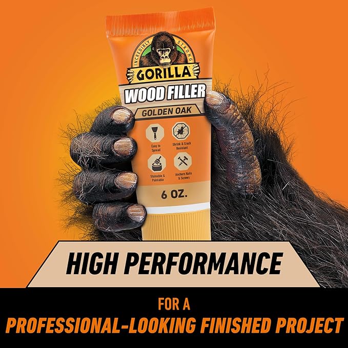 Gorilla All Purpose Wood Filler, Golden Oak Color, 6 Ounce Tube (Pack of 1) - Water Resistant for Indoor or Outdoor Projects and Repairs