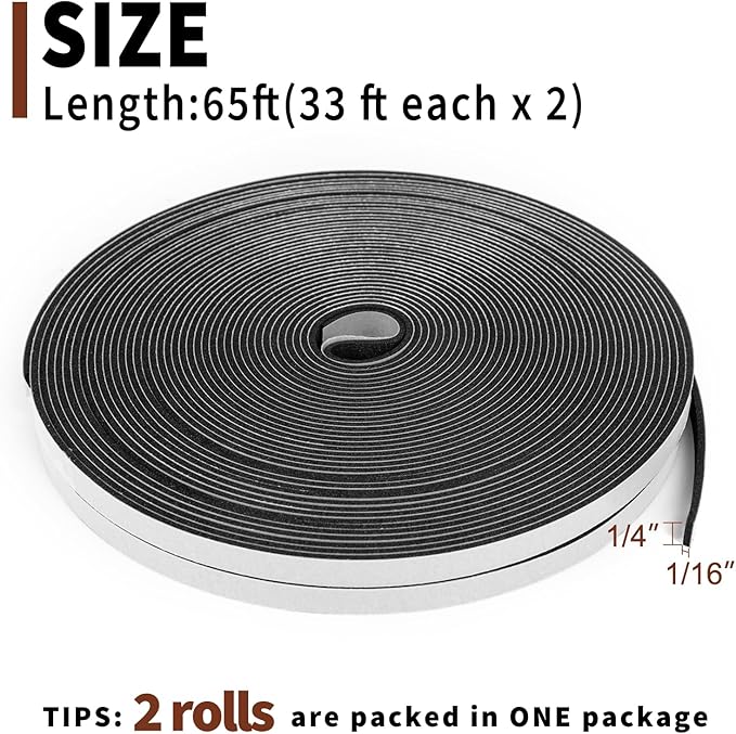 Yotache Thin Weather Stripping 1/4" x1/16, Foam Gasket Seal Tape for Window, Sliding Door Jamb, Speaker, Dashboard, 2 Strips x 33 Ft Each, Total 65 Feet Long