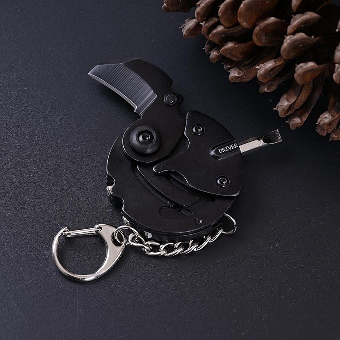 7-in-1 mini outdoor folding multifunctional tool - Small EDC Multitool with Screwdriver Set - portable pocket pendant -Compact Manual Tool (Black stainless steel)