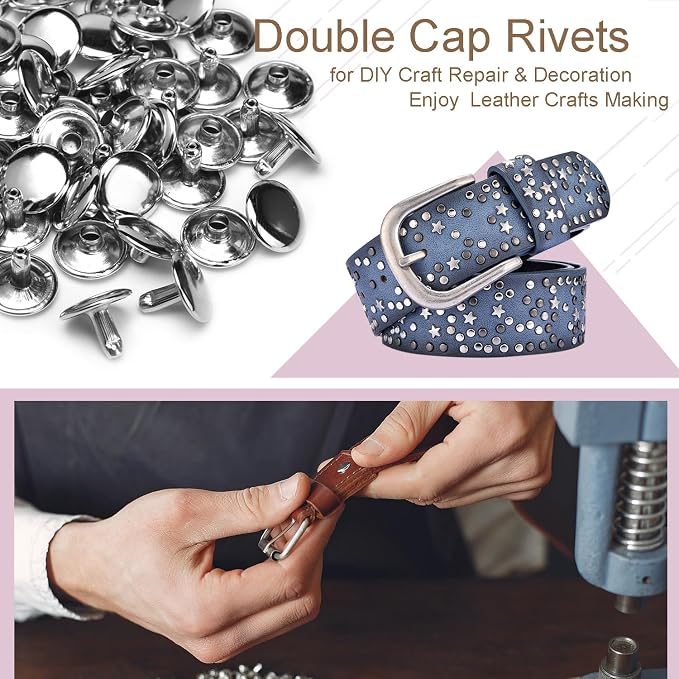 CooBigo 200Sets 12mm Double Round Cap Leather Rivets, Tubular Metal Rivets Spikes Studs, Leather Rivets for Leather Key Fob Clothing Pets Collar Boots Bags Belt Repair and Decoration (Silver)