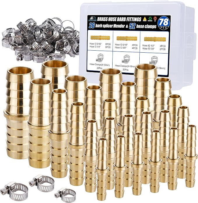 26PCS Brass Hose Barb Fitting,Barb Splicer Mender Hose Fittings 3/16" 1/4" 5/16" 3/8" 1/2" 5/8" with 52Pcs Stainless Steel Pipe Hose Clamps for Air/Fuel/Water/Oil Hose