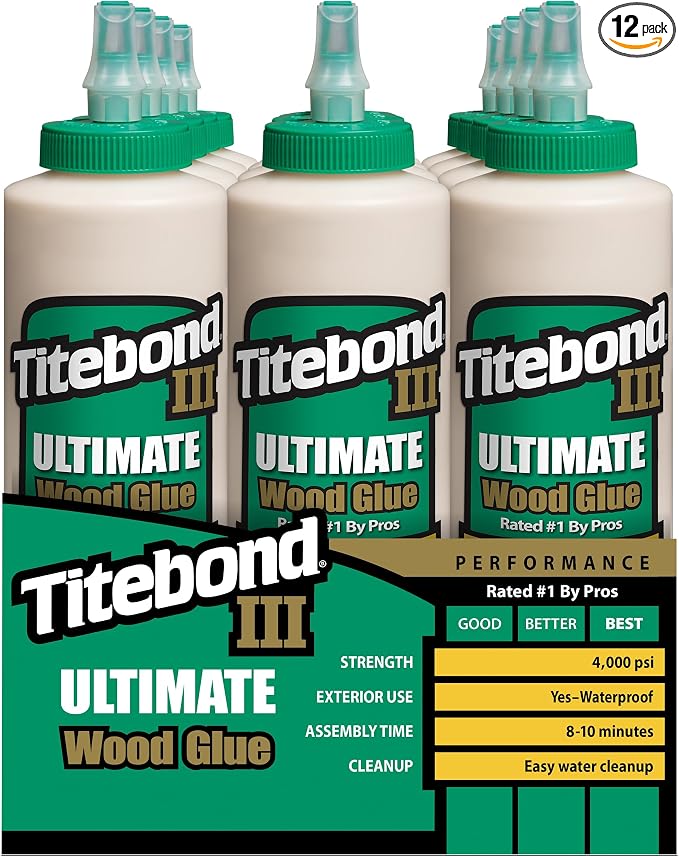 Titebond III Ultimate Wood Glue 16 Oz. (12 Pack) – Premium Professional Woodworking Adhesive, Waterproof, Strong Initial Tack, Interior/Exterior Use, Easy Water Cleanup – 1414