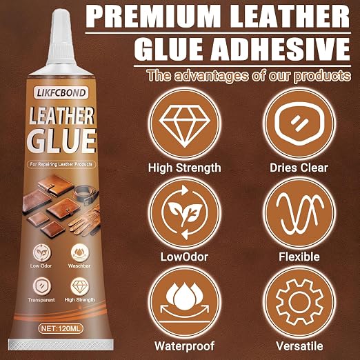 Leather Glue Permanent 120ml, High Strength Leather Adhesive Clear, Flexible Fast Drying Repair Leather Glue for Jackets, Handbags, Sofas, Furniture, Shoes, Purses, Car Seats(4.05floz)