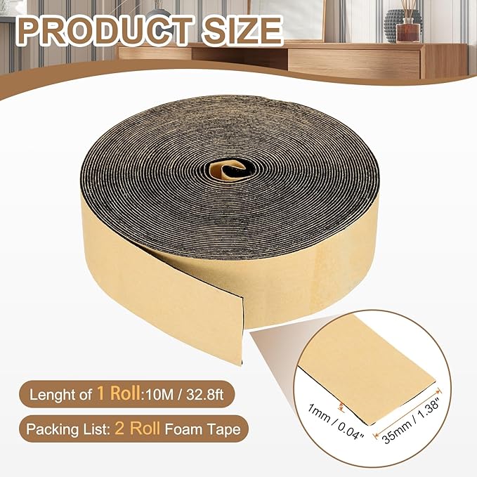 PATIKIL Foam Insulation Tape, 2Pcs 1-3/8" W x 1/16" t x 32.8FT Self Adhesive Weather Stripping Door Seal Strip for Door Window Air Conditioning, Black
