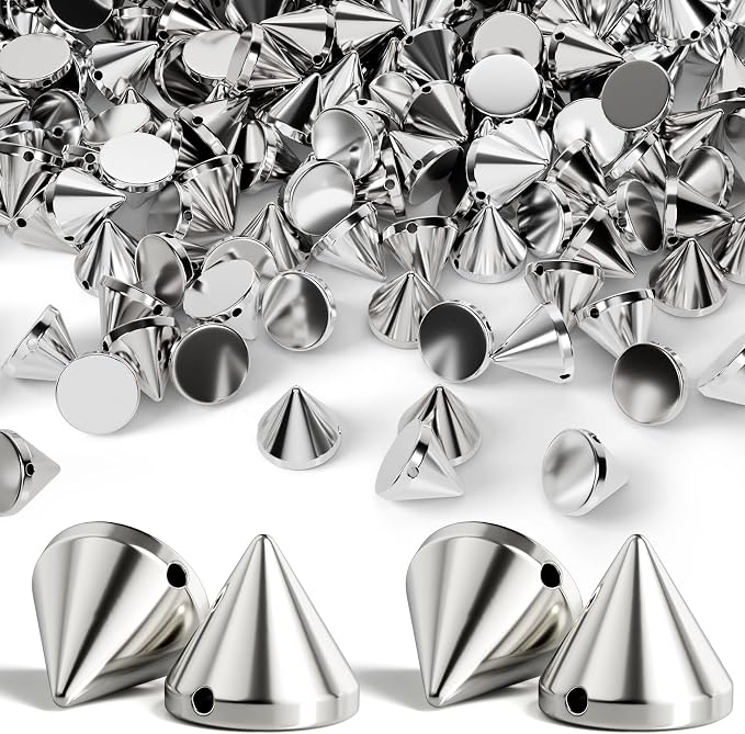 OIIKI 100 PCS 10 mm ABS Bullet Spike Cone Studs, Rivets Cone Spike Studs Beads, Flat Back Punk Spikes DIY Crafts Studs Glue on Decoration for Leather Clothes Belt Bags Jewelry Trims - Silver