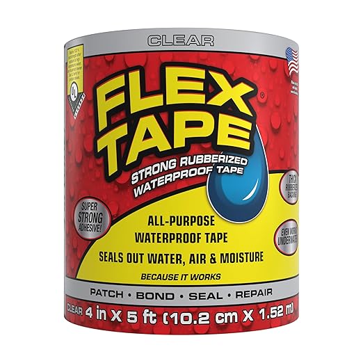 Flex Tape, Original Thick Flexible Rubberized Waterproof Tape - Seal and Patch Leaks, Works Underwater, Indoor Outdoor - Home RV Roof Plumbing and Pool Repairs, Clear, 4 in x 5 ft, Pack of 1