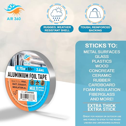 Aluminum 0,75" x 50 ft High Temperature Foil Duct Tape, HVAC Cold Weather 3/4" AC Tape, Waterproof Fire Proof Metal Tape for Air Conditioner, Thick Flex Duct Tape for Vent Repair, Pipe Insulation