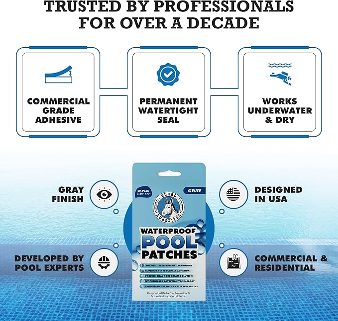 Burro Adhesives 10-Pack Waterproof Gray Pool Patches - Professional Grade PVC Repair Kit with 2.75" x 4" Heavy Duty Patches for Commercial & Residential Vinyl Liner Pools, Works Underwater & Dry