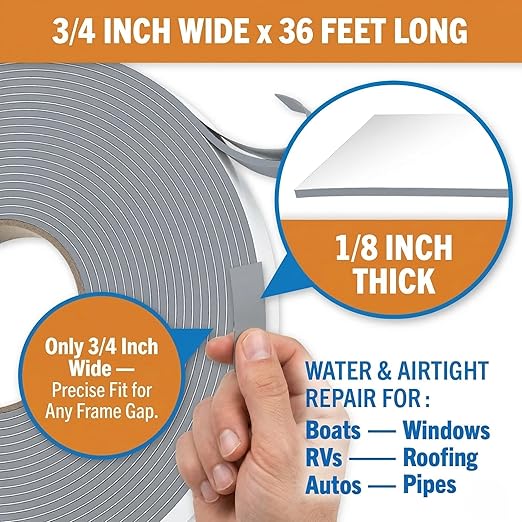 Butyl Tape, RV and Marine Window Seal Kit, Gray Double-Sided Putty Tape, 1/8" x 3/4" x 36 Ft, Waterproof Rubber Caulking for Boat, RV Windows, and Outdoor Sealing