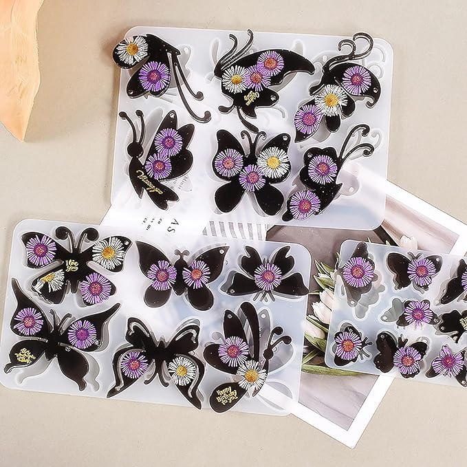3 Pack Butterfly Silicone Molds for Resin, Various Butterfly Shaped Epoxy Silicone Casting Molds with Hole, Resin Keychain Silicone Molds for Jewelry Making Keychain Decor Crafts