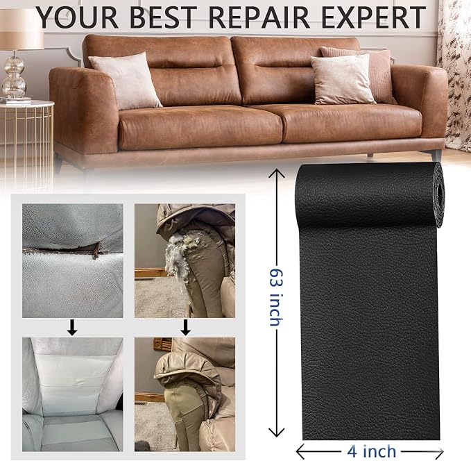 YAFLC Leather Repair Patch for Furniture, 4" x 63" Self Adhesive Leather Repair Kit Vinyl Repair Tape for Car Seat Sofa Jackets Couches Chair Black