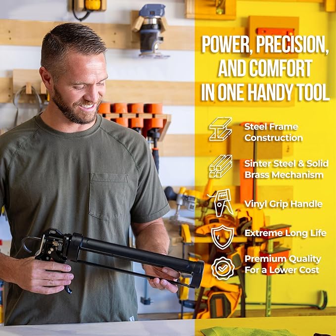 AWF PRO Heavy Duty Caulk Gun, 18:1 Thrust Ratio, Steel Frame Construction, Rotating Barrel, Ladder Hook, Puncture Tool & No Drip Pressure Release Tab, 10 oz Caulking Gun, Pack of 6