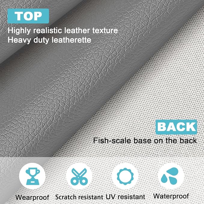 Grey Faux Leather Upholstery Vinyl Fabric, 78x55 Inch Grey Grained Lychee Leather Roll, Anti-Scratch Waterproof Synthetic Leather Material for Upholstery, Marine Boat Seats, Furniture, Sofa