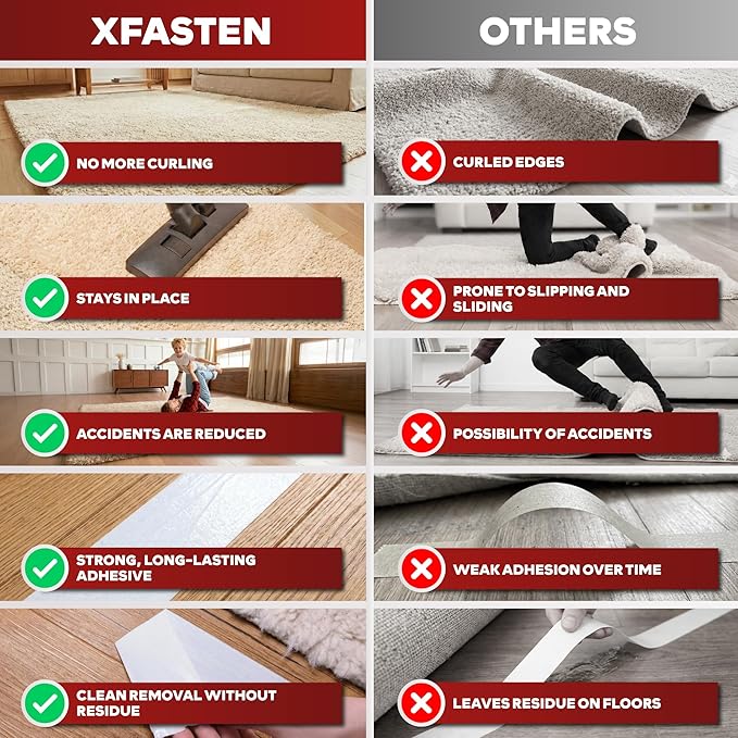 XFasten Double Sided Carpet Tape for Area Rugs, 4 Inch x 30 Yards – Heavy Duty Anti Slip Rug Grip Tape, Works as Rug Gripper, Residue Free, Wood Safe, Easy Removal for Hardwood and Laminated Floors