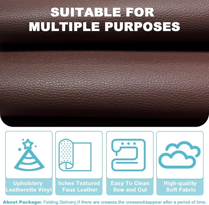Brown Leather Fabric, Grained Lychee Faux Leather Sheets, 39x54 Inch Waterproof Vinyl Fabric, Leather Upholstery Fabric for Sewing, DIY Crafts, Sofa, Car Seat, Motorcycle Cushion and Chairs