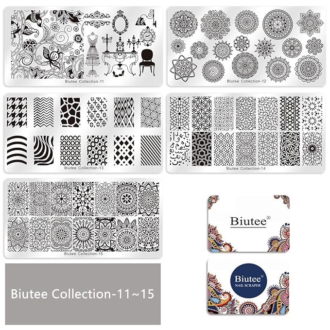 Biutee 19pcs Nail Stamp Plates set 15 plate 1Stamper 2Scraper 1storage bag Nails Art Stamping Plate Scraper Stamper Set Leaves Flowers Animal Nail plate Template Image Plate