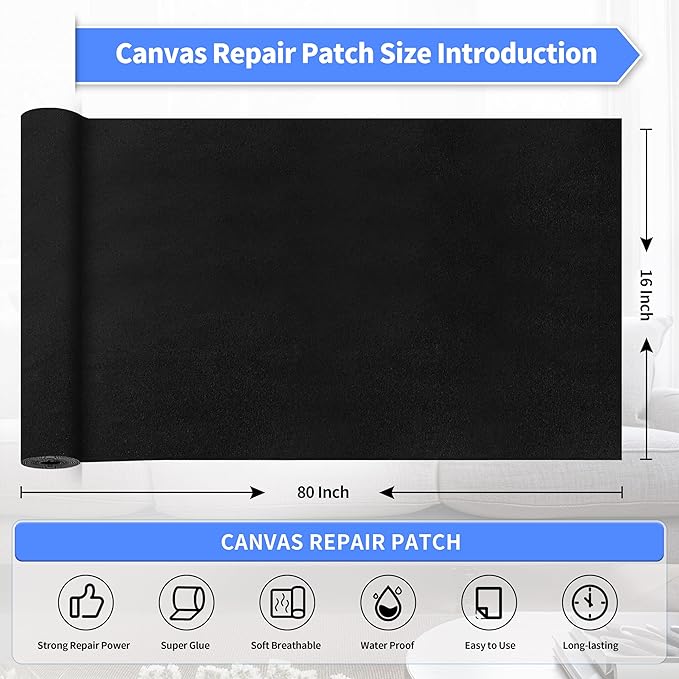 KING MOUNTAIN Couch Fabric Repair Patch, Fabric Patches for Furniture, 16" x 80" Waterproof Velvet Repair Tape for Sofas, Car Seats, Furniture, Upholstery Fabrics and Velvet Goods. （Black）
