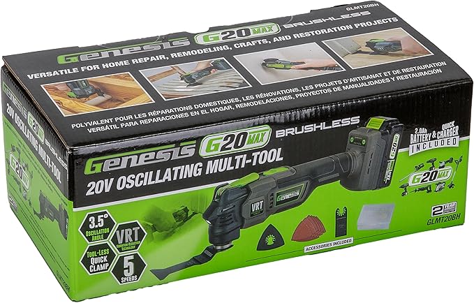 Genesis G20MAX 20V Brushless Oscillating Multi-Tool, Vibration-Reduction Technology (VRT), with Battery, Charger and Accessories (GLMT20BH)