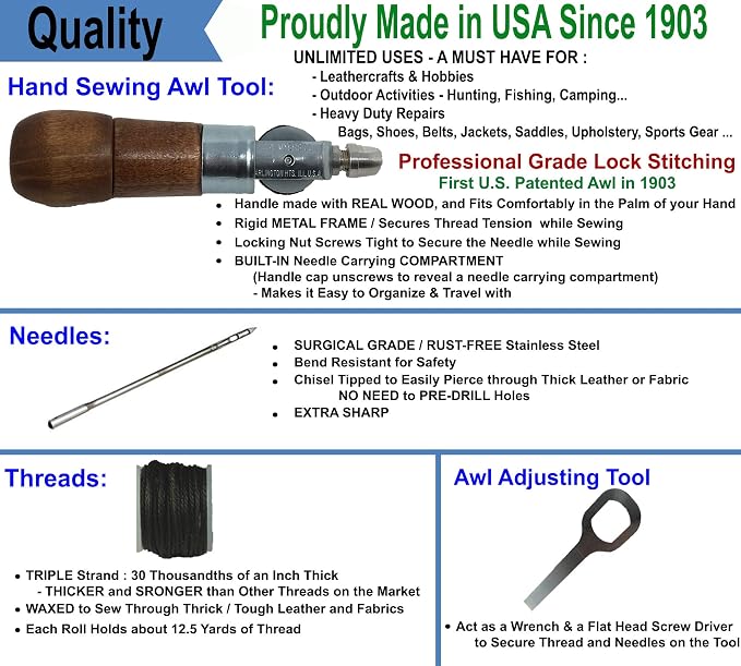 Repair Stitch Tool | Sewing Awl for Bounce Houses, Inflatables, Leather, Thick Fabric, Shoes, Bags, Belt, Upholstery Repair Kit & Crafts Leather, Tarp Stitching – Made in USA. Professional Heavy Duty