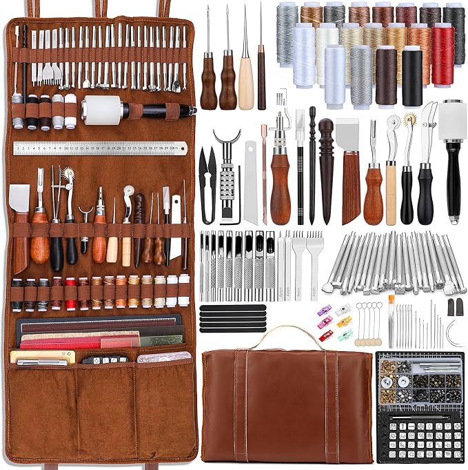 TLKKUE Leather Tooling Kit Leather Craft Tools Leatherworking Kit with Custom Handbag Cutting Mats Engraving Punching Sewing Stamping Sanding Tools for Handicraft Work Professional