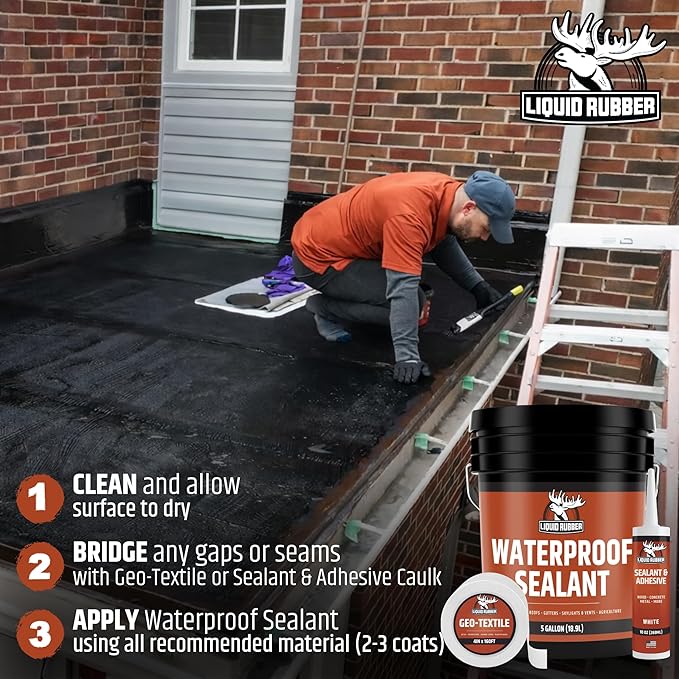Liquid Rubber Waterproof Sealant - Waterproof Leak Repair Coating, Multi-Surface Rubber Paint, Durable Sealant for Roofs, Kit Includes- Black 5 Gallon Sealer, Caulk 10.2 oz 4 Pack, Seam Tape 4" x50'