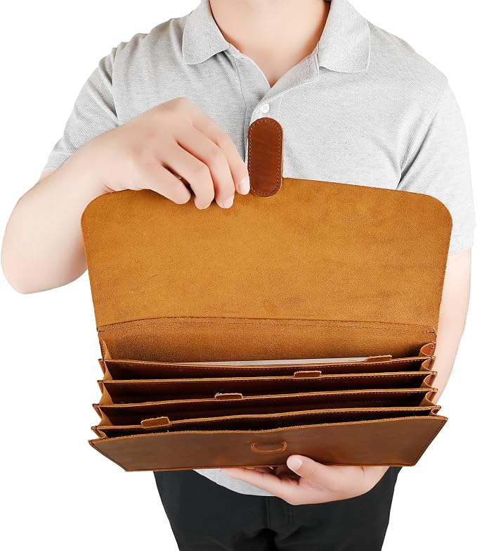 Genuine Leather File Folder, Accordian File Organizer, Leather Document Holder Resume Folio for Men & Women-Brown-Custom